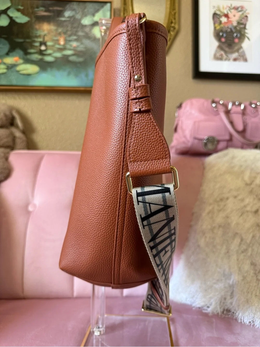 💯Auth! Emporio Armani Saddle Brown Leather Bag Tote Branded Strap Gold Hardware